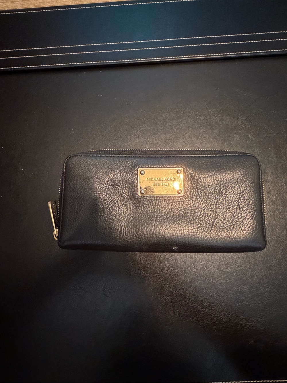 Michael Kors Black Leather Zip Wallet with Gold Plate